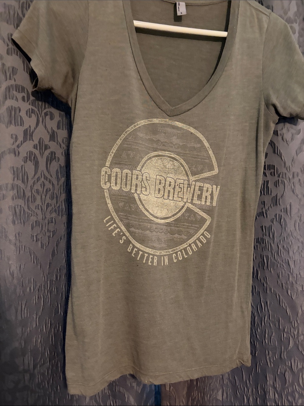 Coors Brewery Olive Green V-Neck Graphic Tee